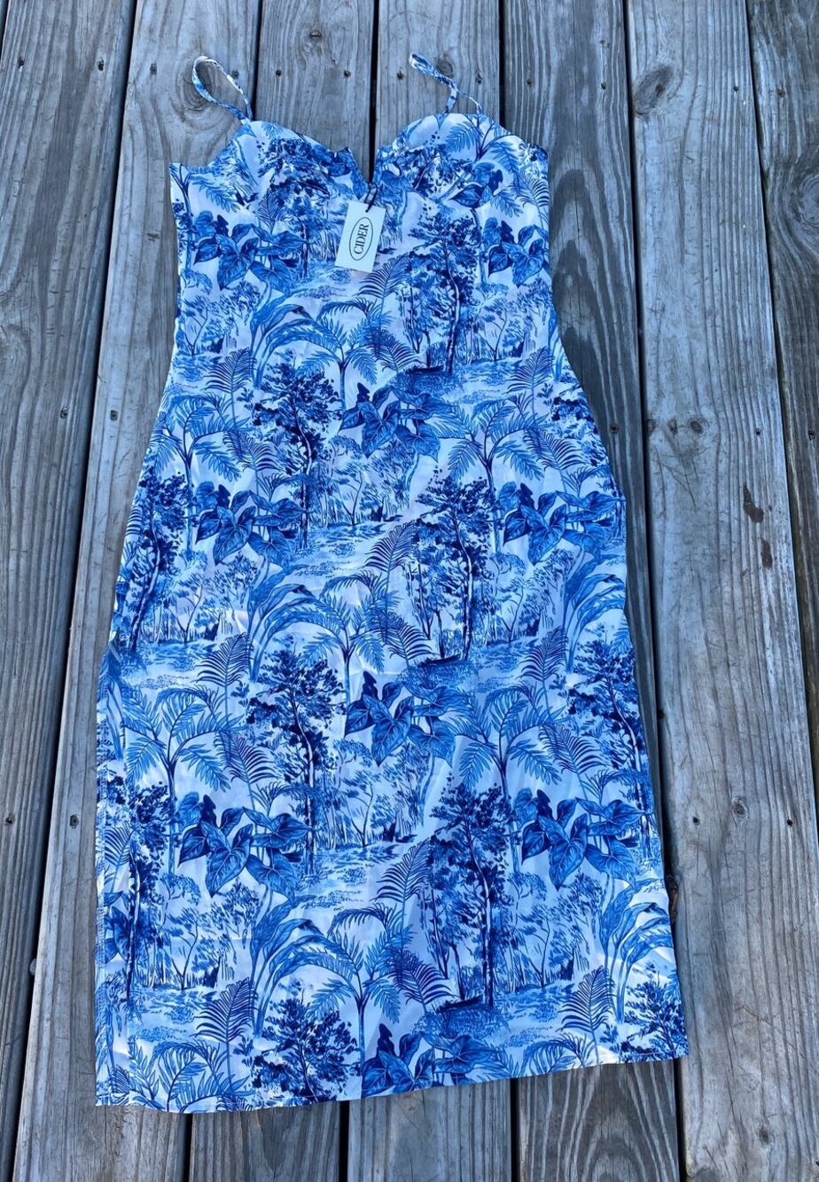 Cider Tropical Print Midi Slip Dress - Blue/White - Size L (US Size 8)